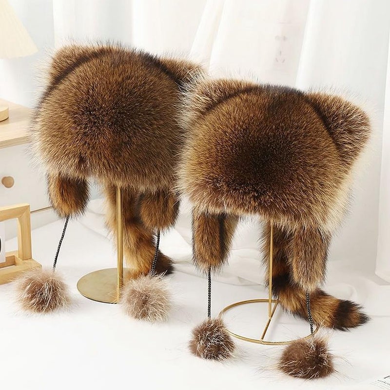 YJKIS Women Faux Fur Raccoon Tail Plush Hat Warm Winter Ear Protection Trapper Hat - Image 2